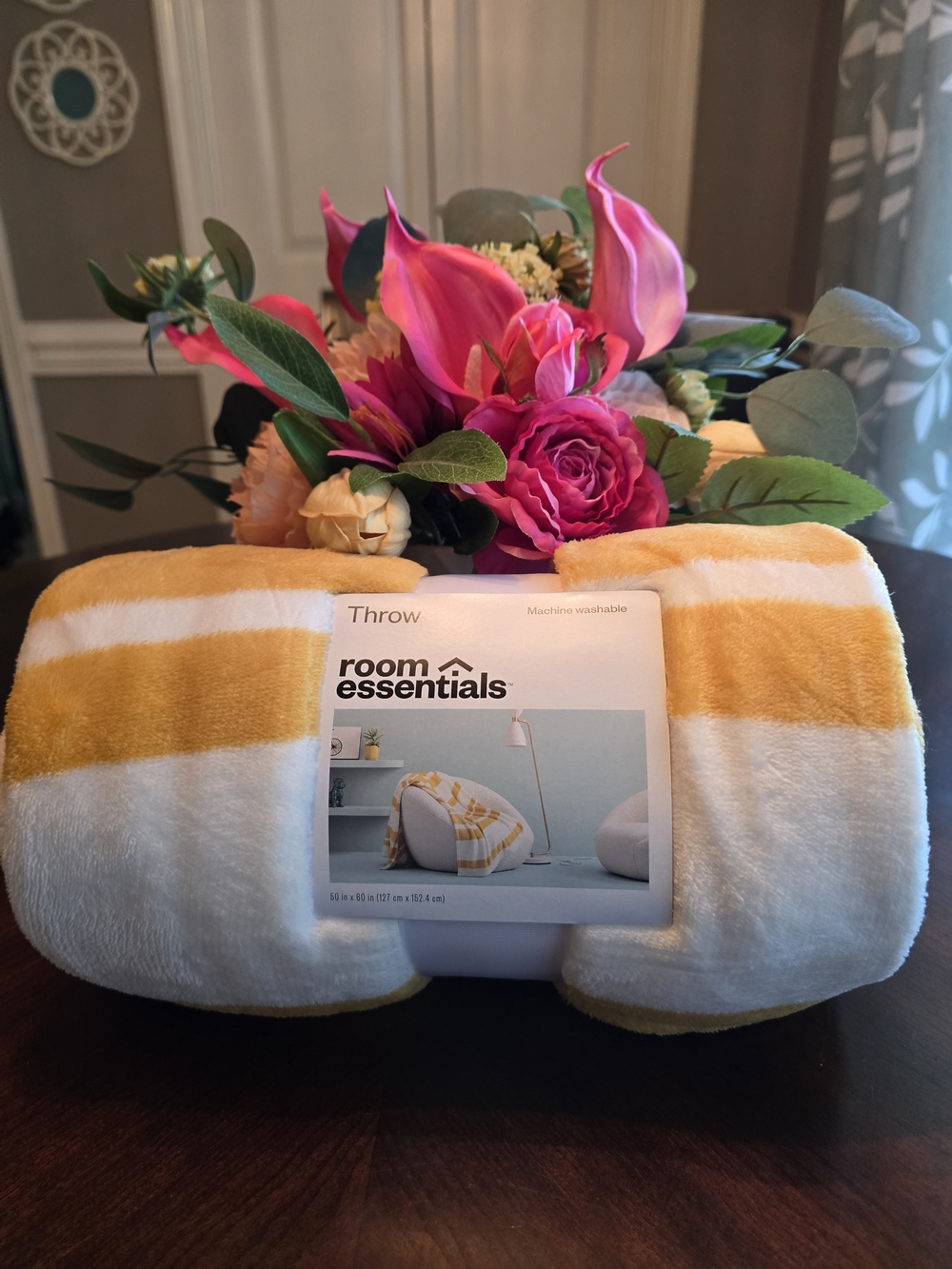 Room Essentials Yellow & White Striped Plush Throw